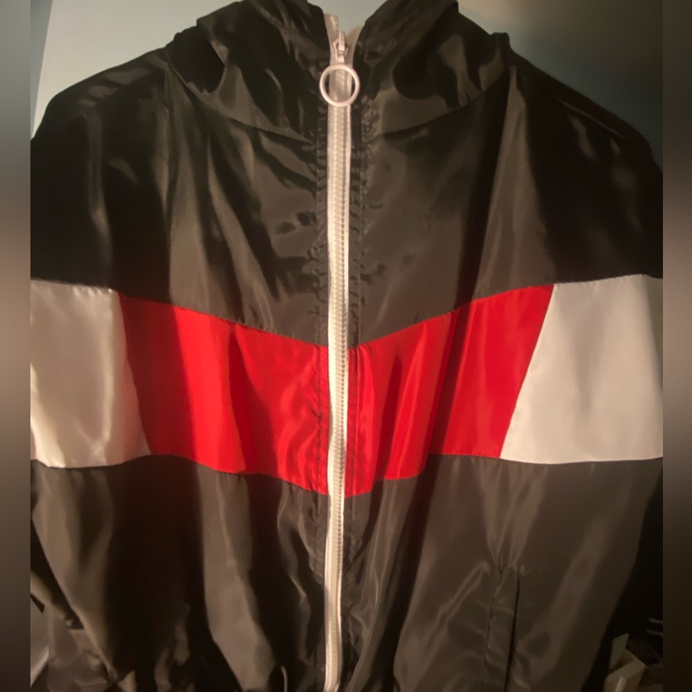 Red, White, & Black Cropped Zip up Fleece Jacket